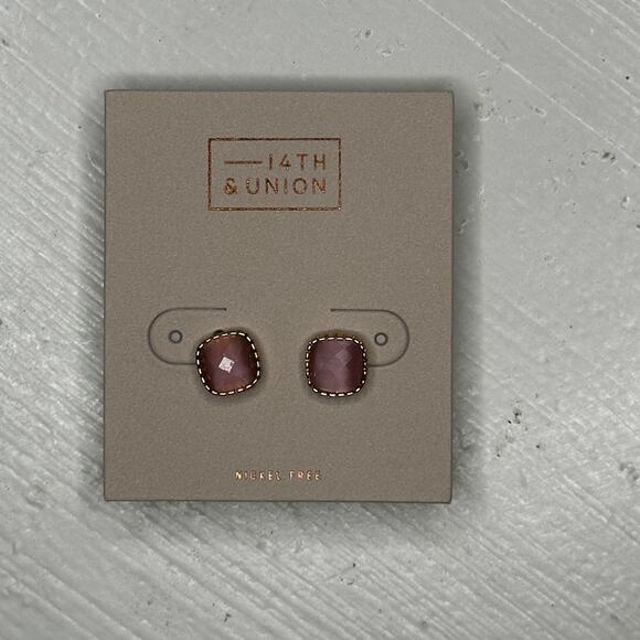 14th & Union Pink Faceted Stud Earrings Nickel Free Gold Trim - Picture 3 of 5